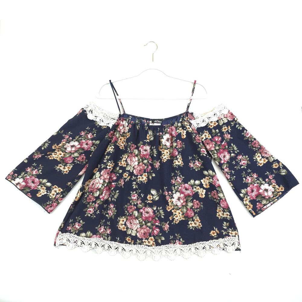 Fashion Magazine Blouse‎ Women L Navy Floral Off Shoulder Lace Trim Boho Fairy